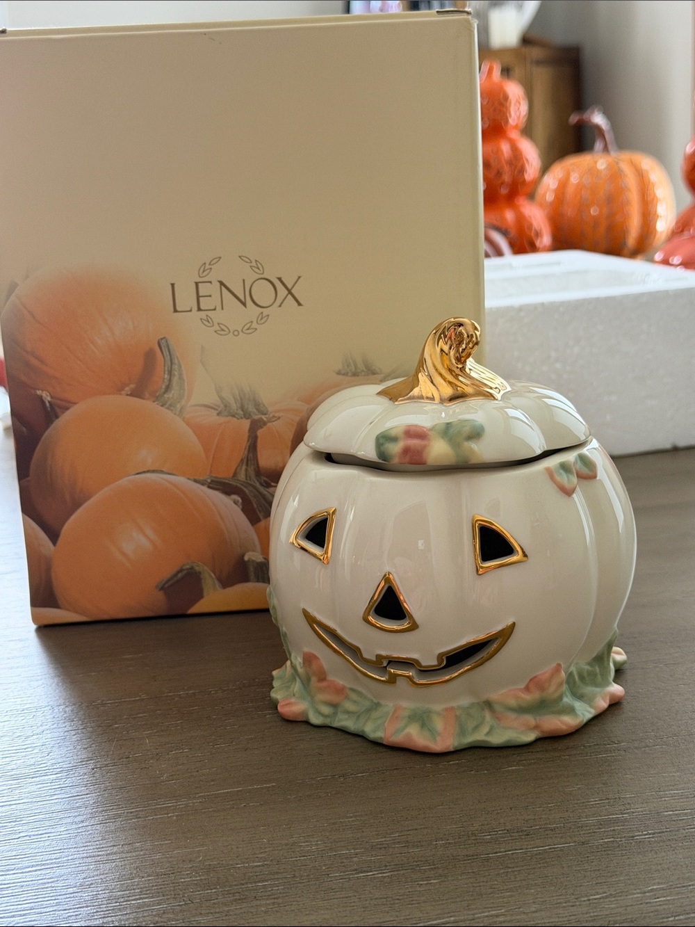 Lenox White and Gold Jack-o-Lantern Votive Jar p Jo with Pastel Floral Trim